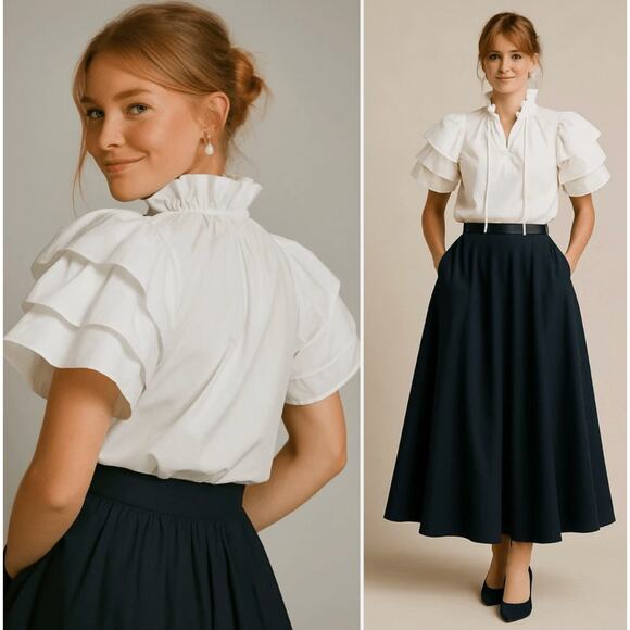 Hunter Belle Millie Med White Puff Sleeves Blouse Top Ruffles Feminine Cottage - Picture 11 of 11